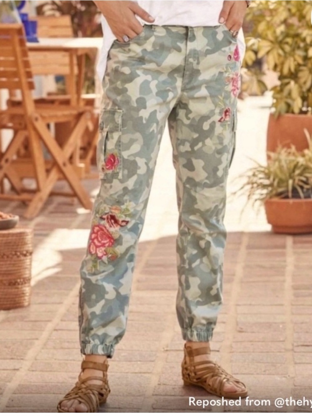 Sundance camouflage cargo pants with floral embroidery